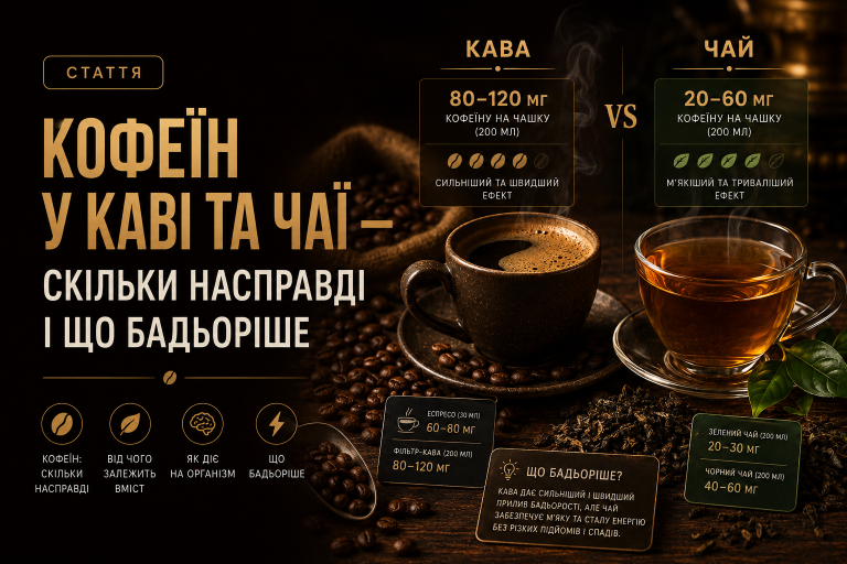 Кофеїн у каві та чаї — скільки насправді і що бадьоріше