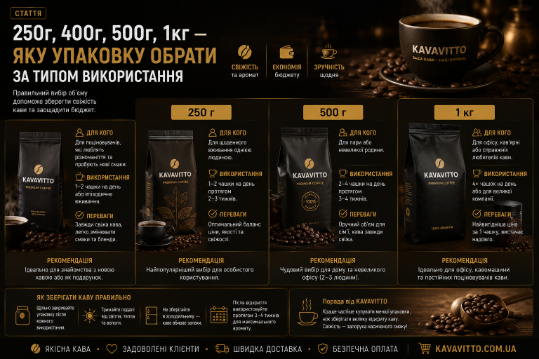 250г, 400г, 500г, 1кг — яку упаковку кави обрати за типом використання